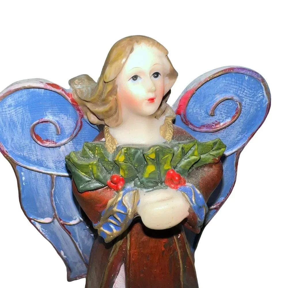 Angel Christmas Figurine Blue Wings Holiday Religious Home Decor Farmhouse Style